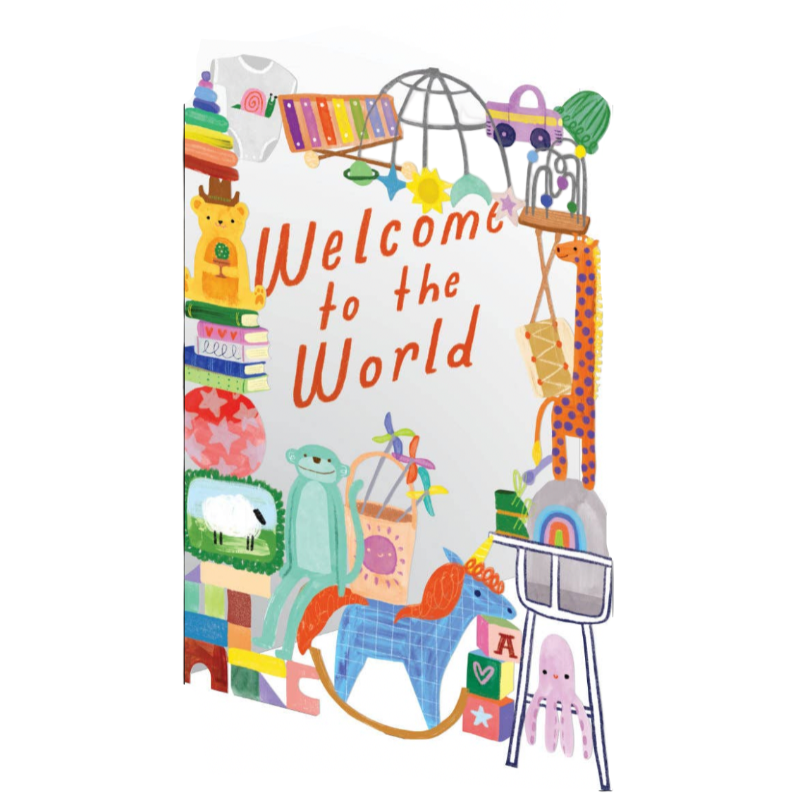 Colorful baby shower banner with 'Welcome to the World' text and baby-themed illustrations on a white background.