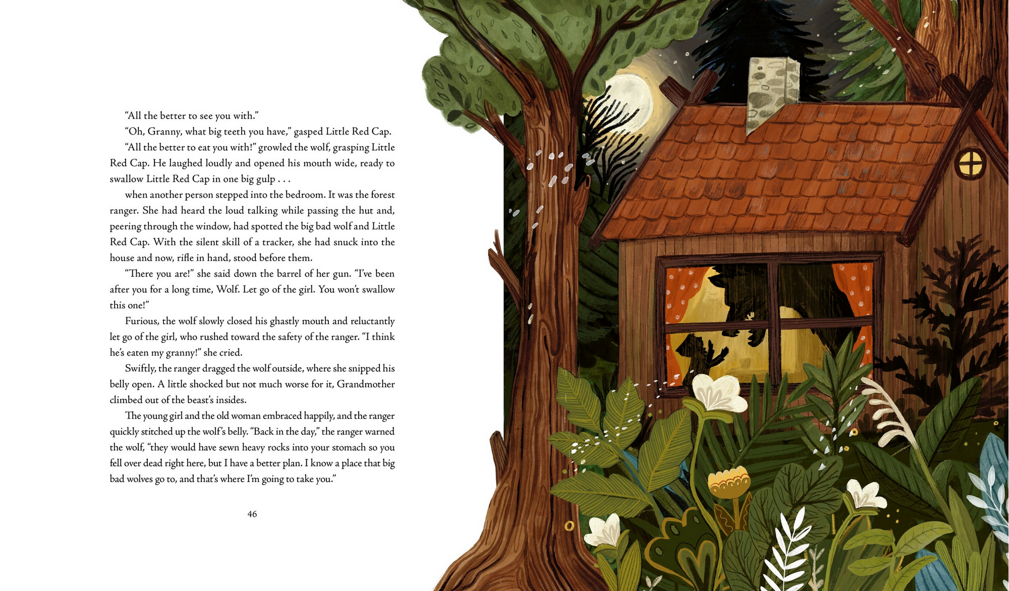Illustrated book page with a wooden cabin in a forest and text.