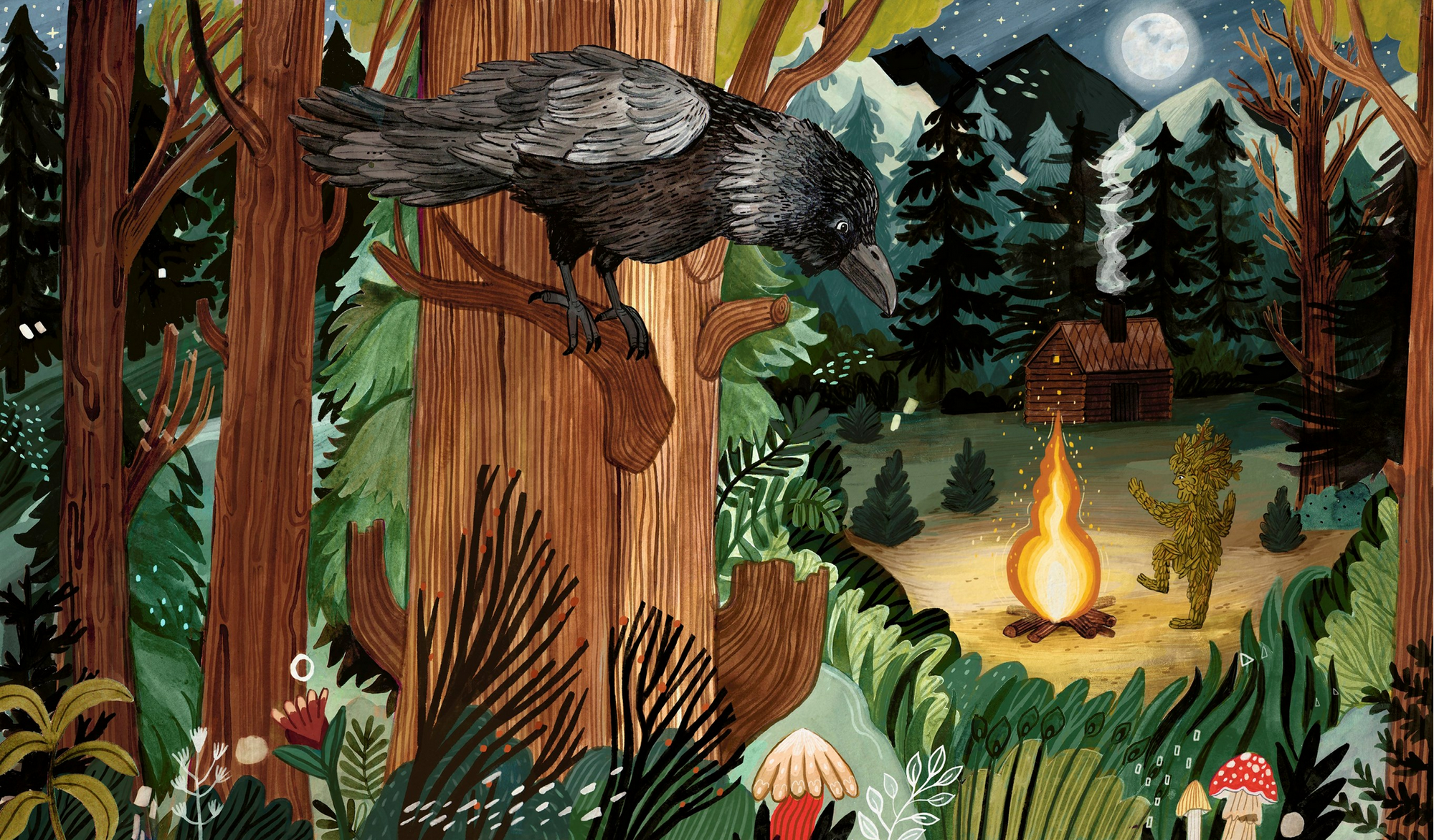 Illustration of a crow perched on a tree branch in a forest with a bonfire and cabin in the background.