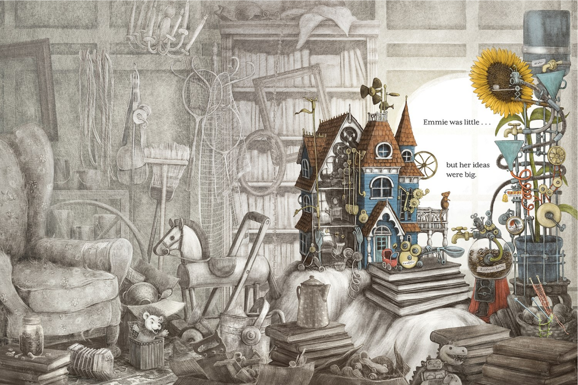 Illustrated workshop scene with tools, furniture, and a small house.