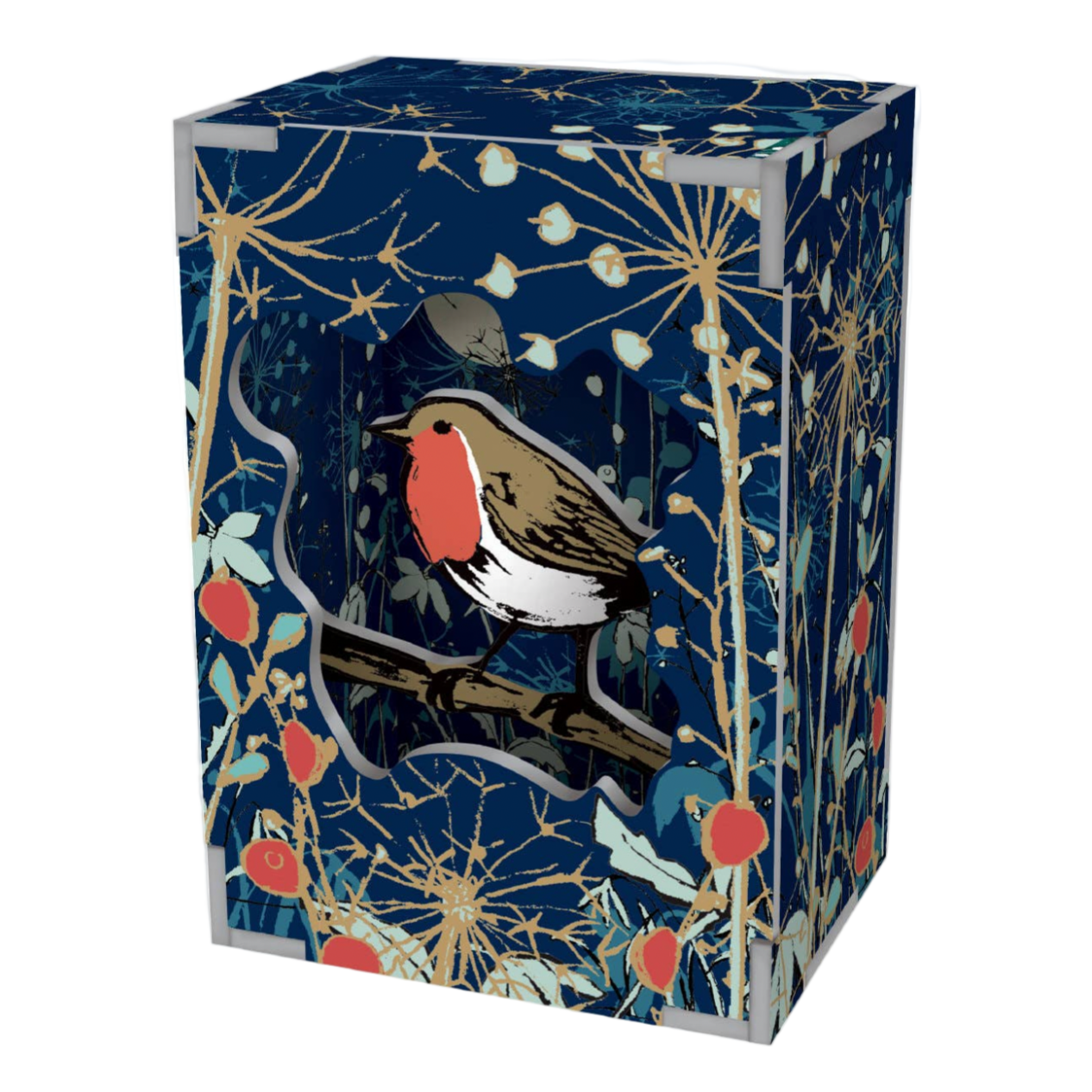 Decorative box with bird illustration on a dark background