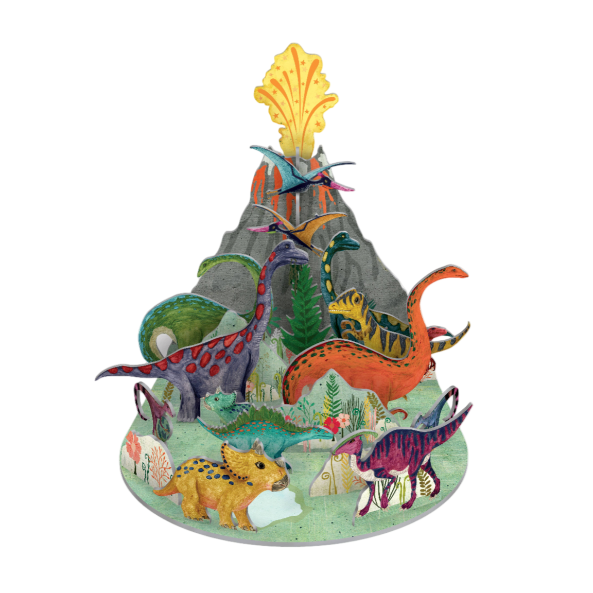 Colorful dinosaur toy set with a mountain and trees on a white background