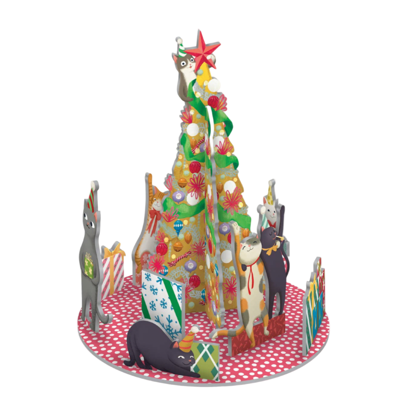 Colorful Christmas tree-shaped sculpture with animals on a white background