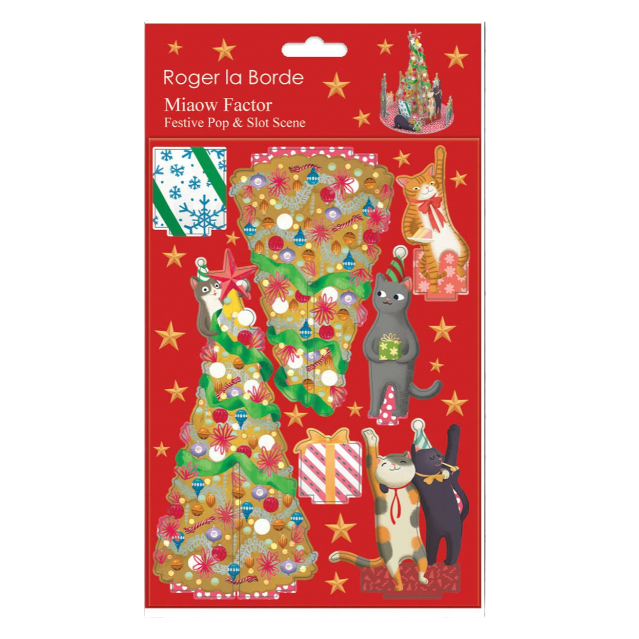 Packaging of Roger la Barde Minou Fater puzzle with cats and a Christmas tree on a red background.