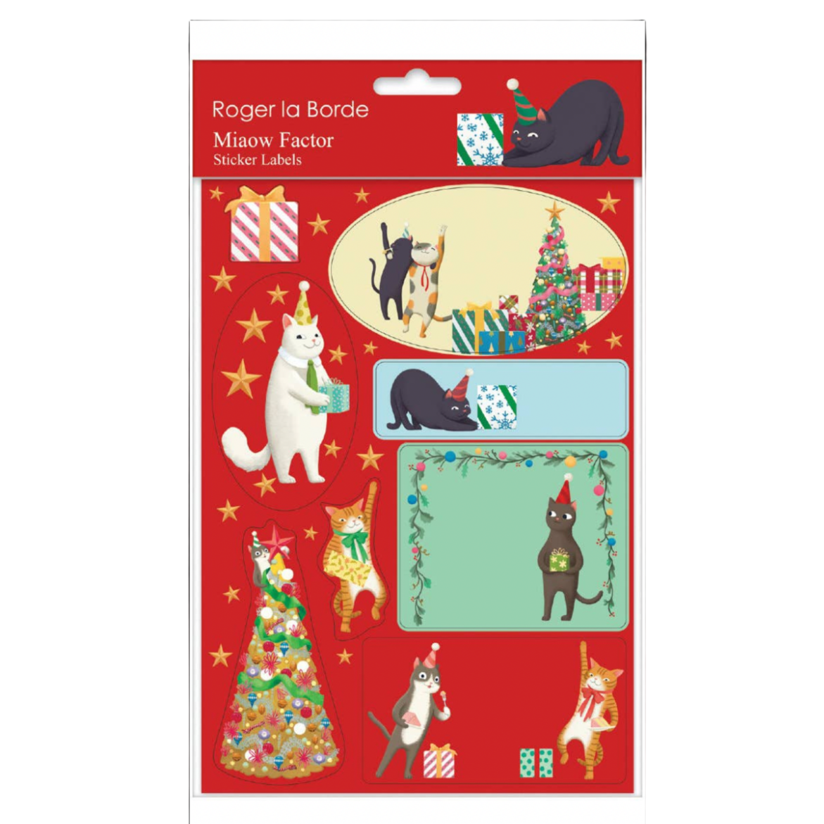 Packaging of Roger la Borte sticker labels with Christmas-themed designs on a red background.