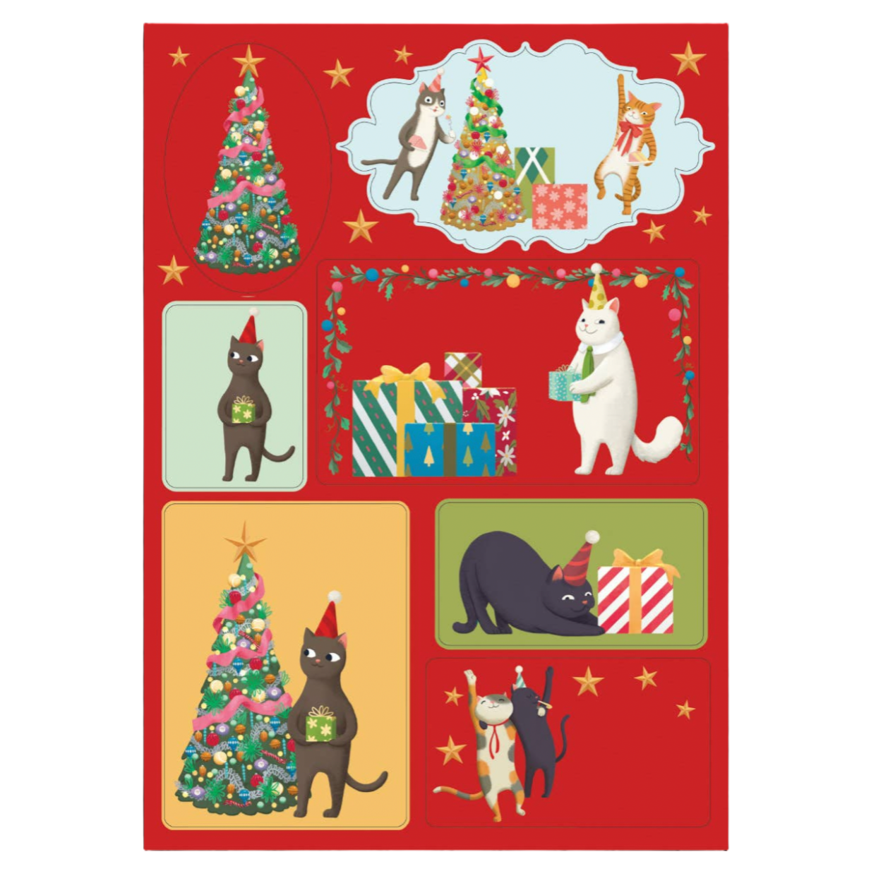 Christmas-themed card with cartoon cats and trees on a red background