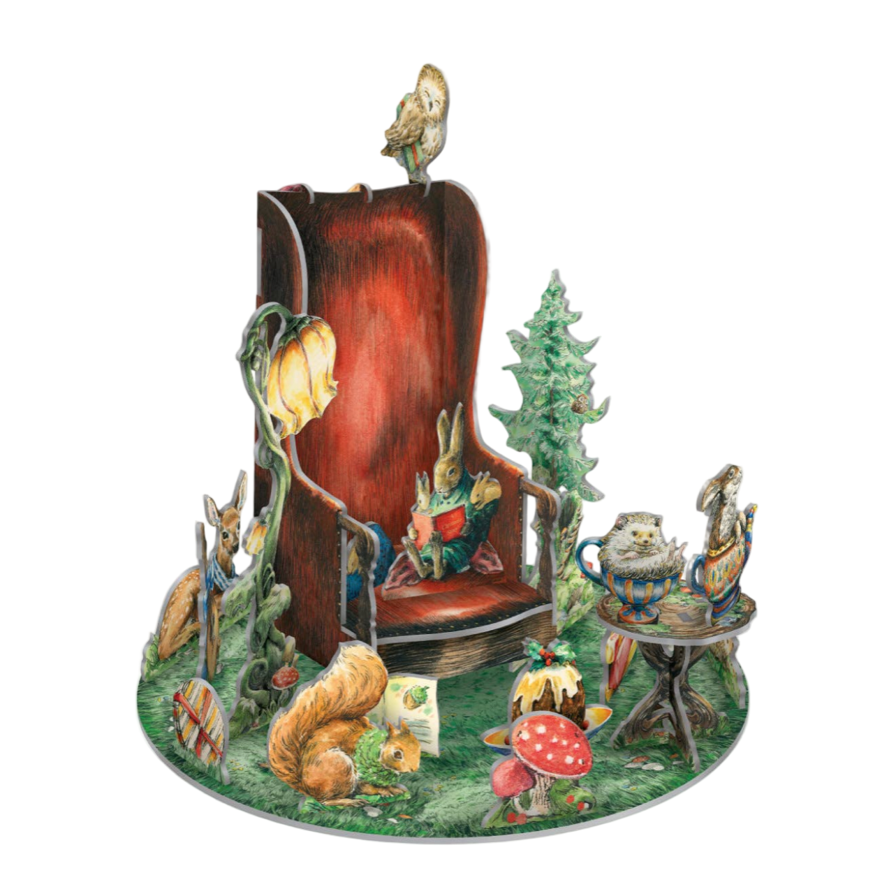 Decorative scene with a wooden chair, animals, and nature elements on a white background