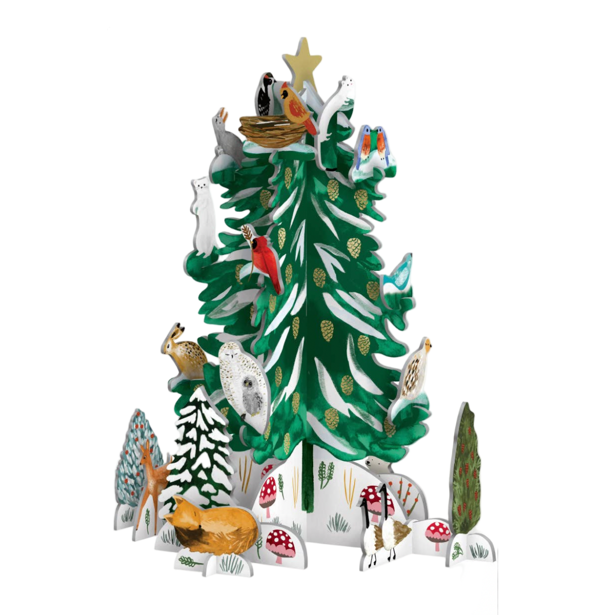 Illustration of a Christmas tree with ornaments and animals on a white background