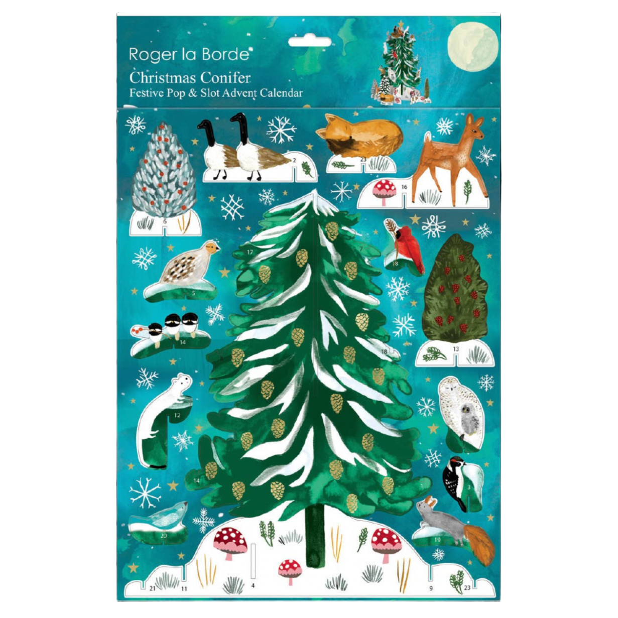 Christmas calendar with snowy scenes and animals on a blue background