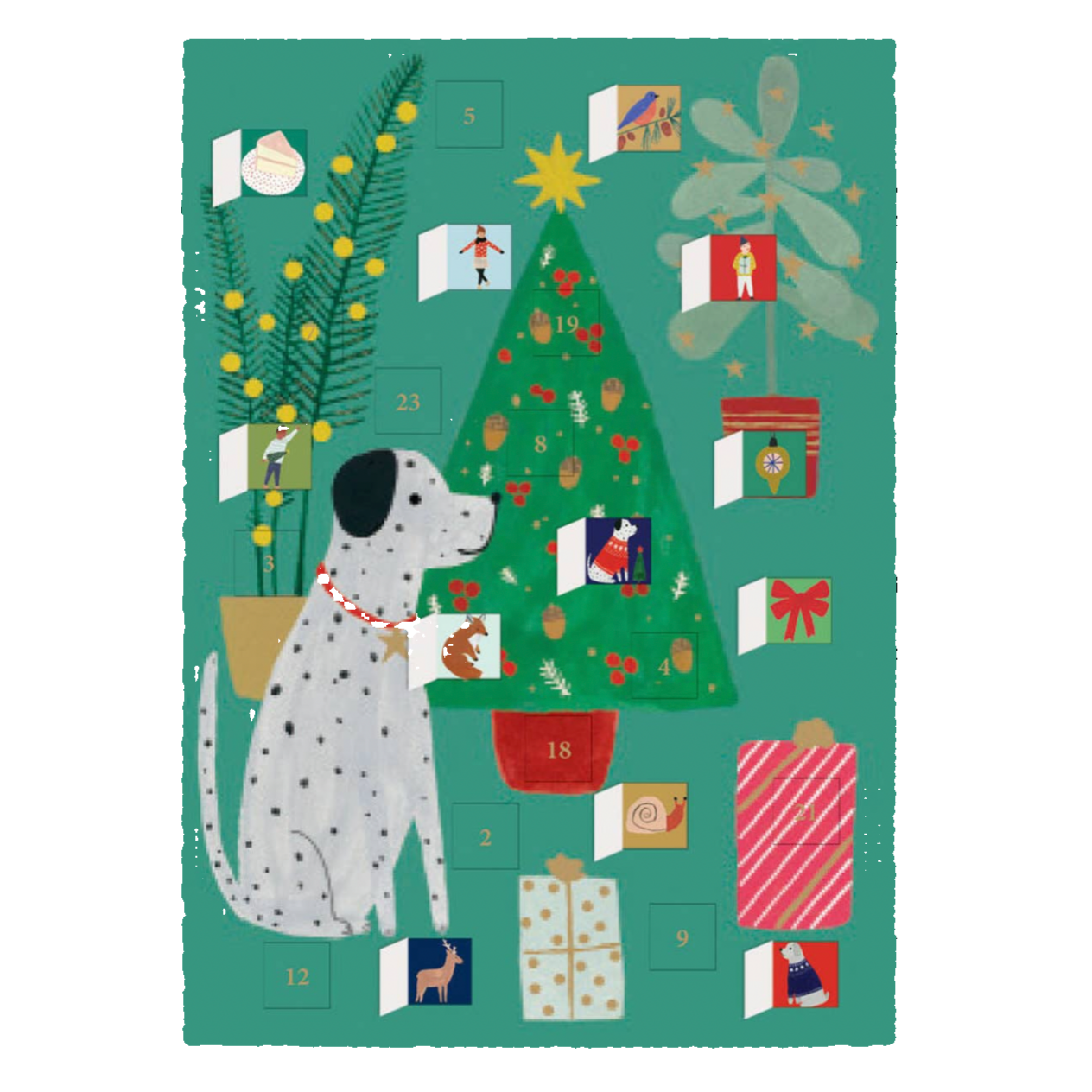 Illustration of a dog near a Christmas tree with presents on a teal background