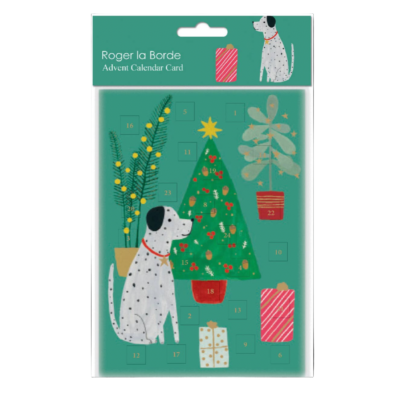 Roger la Borde Advent Calendar Card with a dog and Christmas tree design on a green background