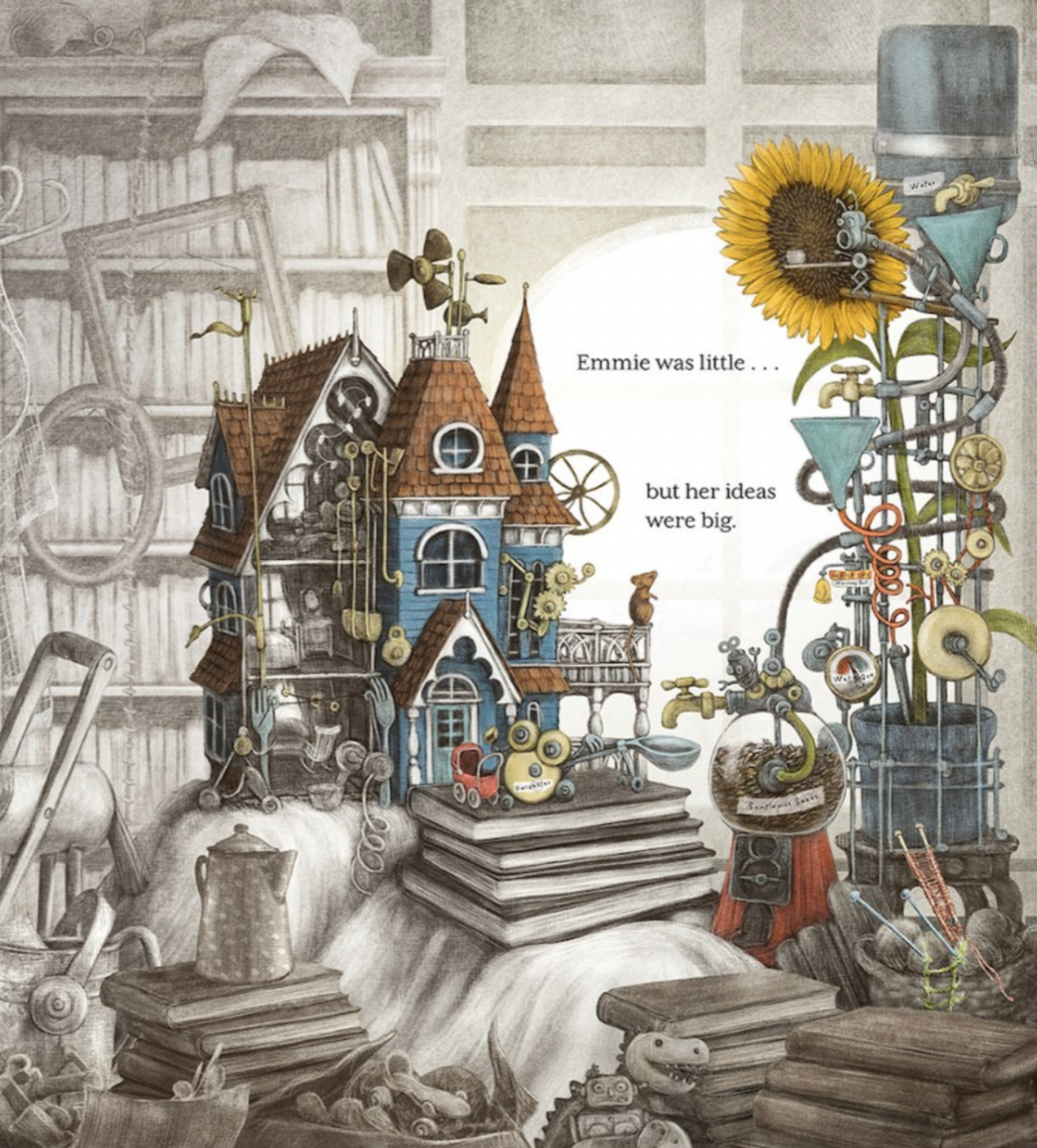 Illustration of a whimsical scene with a house, sunflower, and various mechanical elements.