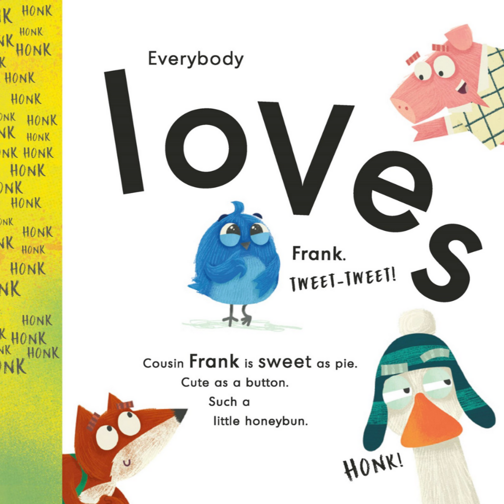 Book page of 'Everybody Loves Frank' with cartoon animals and text.