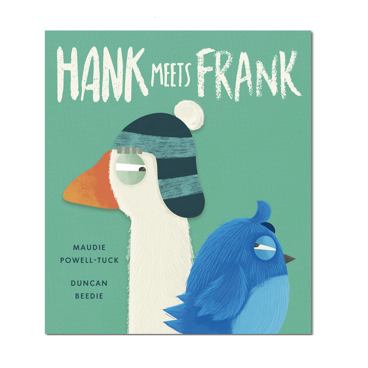 Book cover of 'Hank Meets Frank' with two stylized birds wearing hats on a green background.