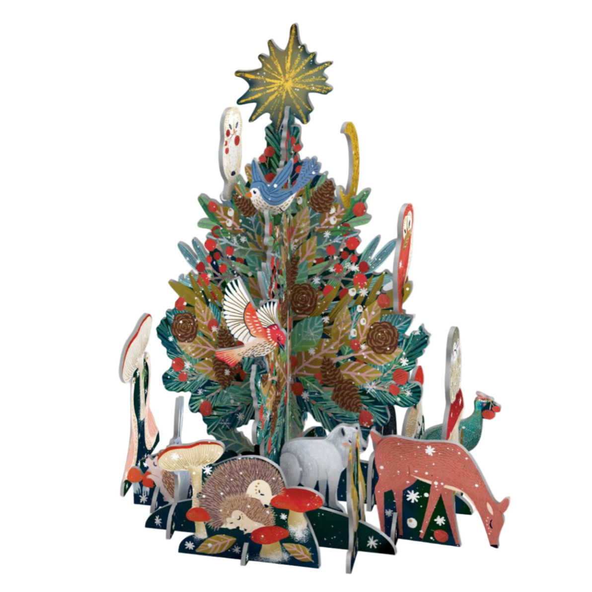 Decorative Christmas tree with animal figures on a white background