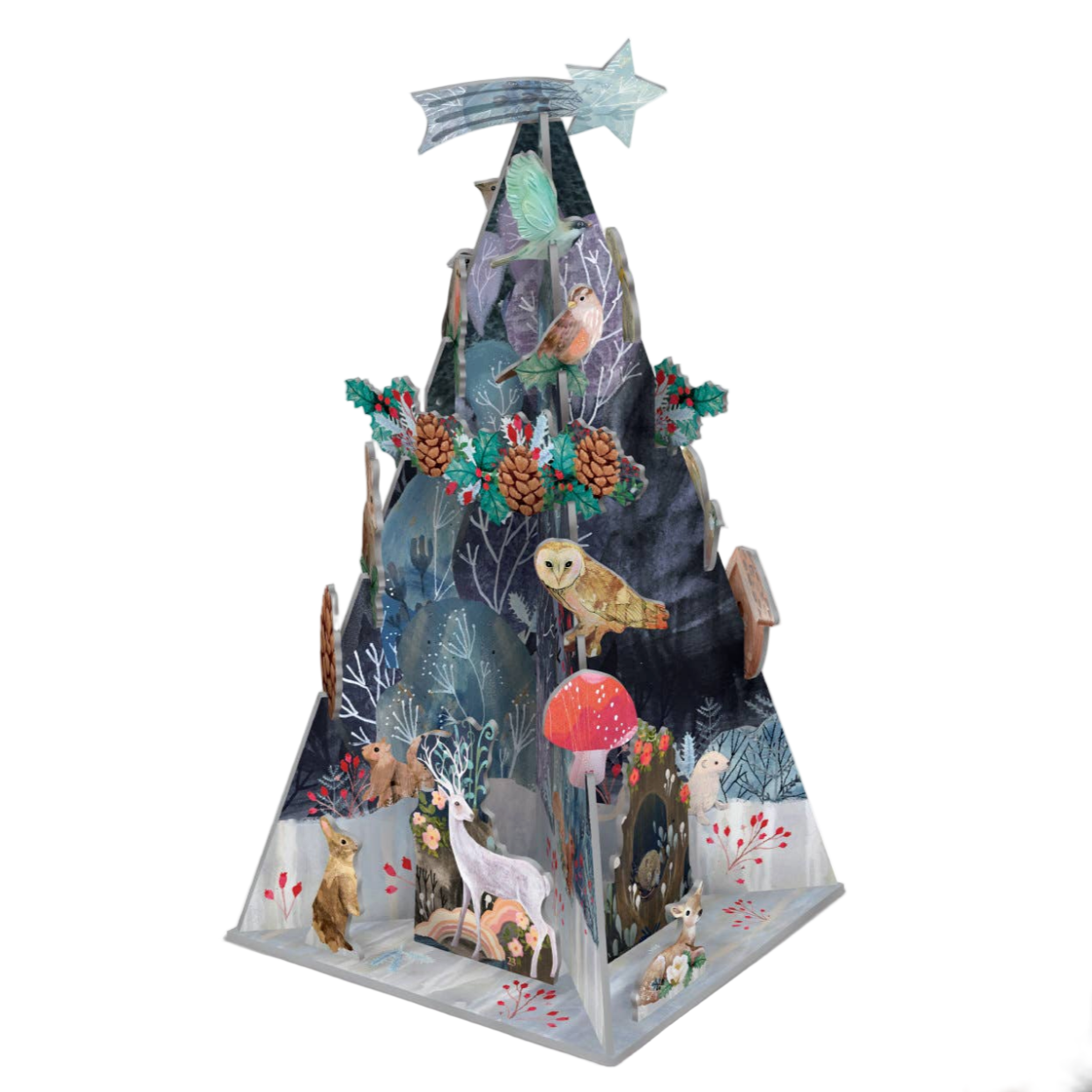 3D paper model of a mountain with various animal figures on a white background