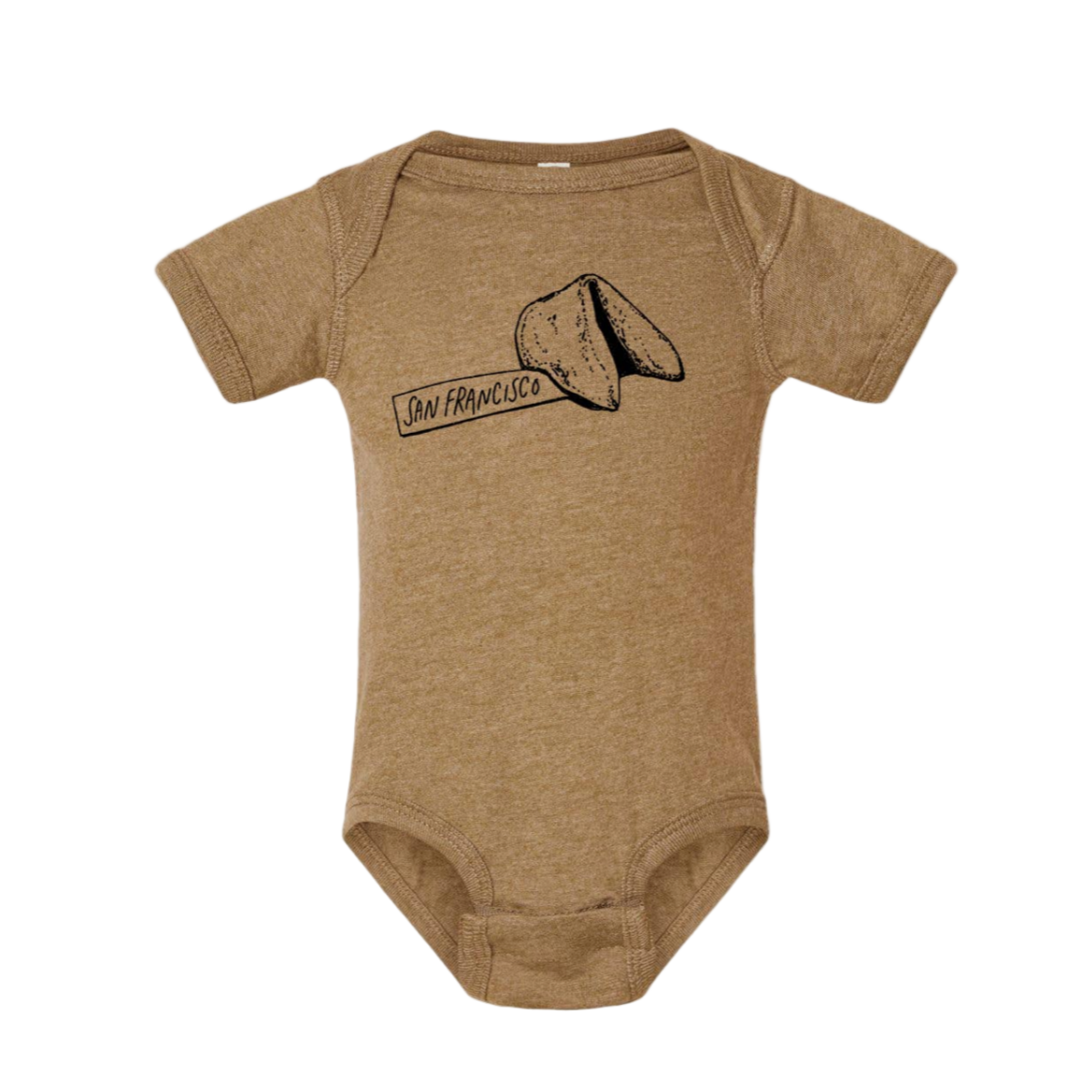 Brown baby onesie with a graphic design on a white background