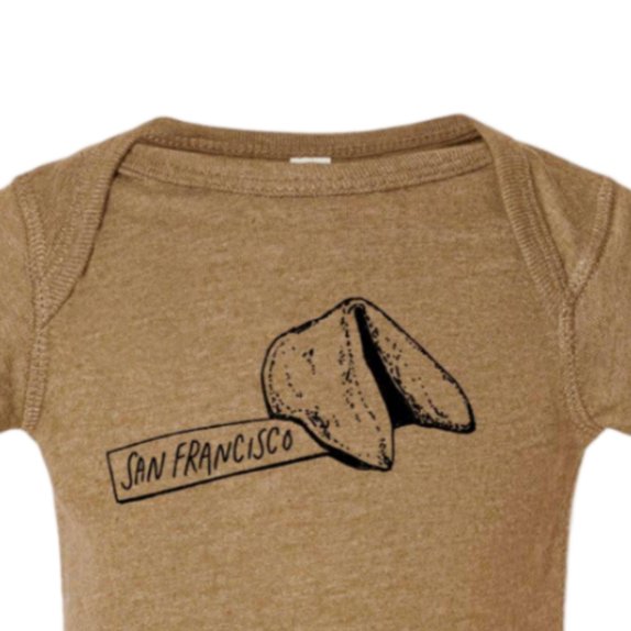 Brown baby onesie with a fortune cookie graphic and 'San Francisco' text on a white background