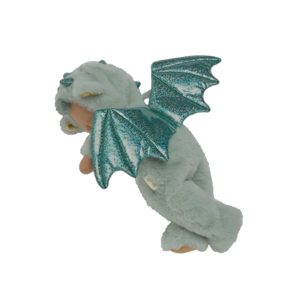Plush toy dragon with green wings on a white background