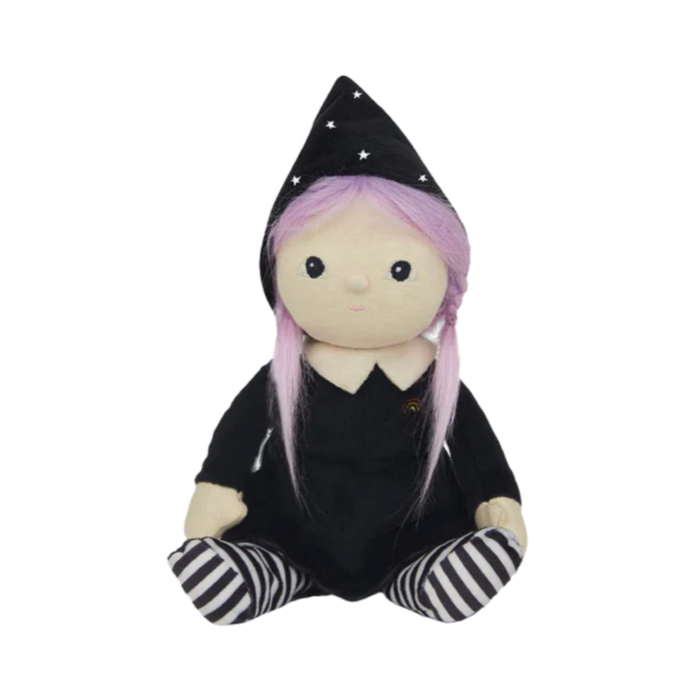 Plush toy with black outfit and pink hair on a white background, labeled 'Limited Edition'.