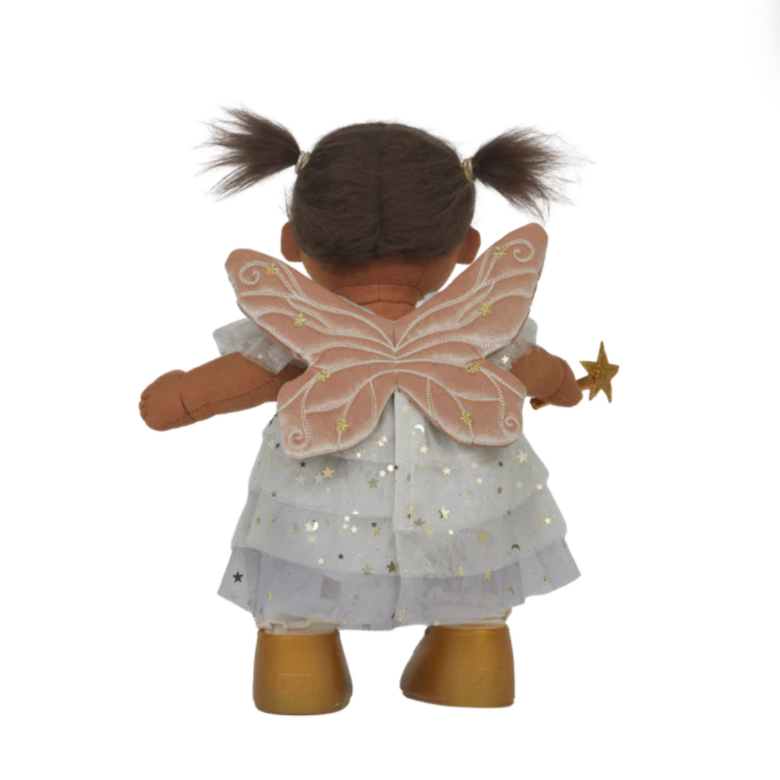Doll with fairy wings and a white dress on a white background