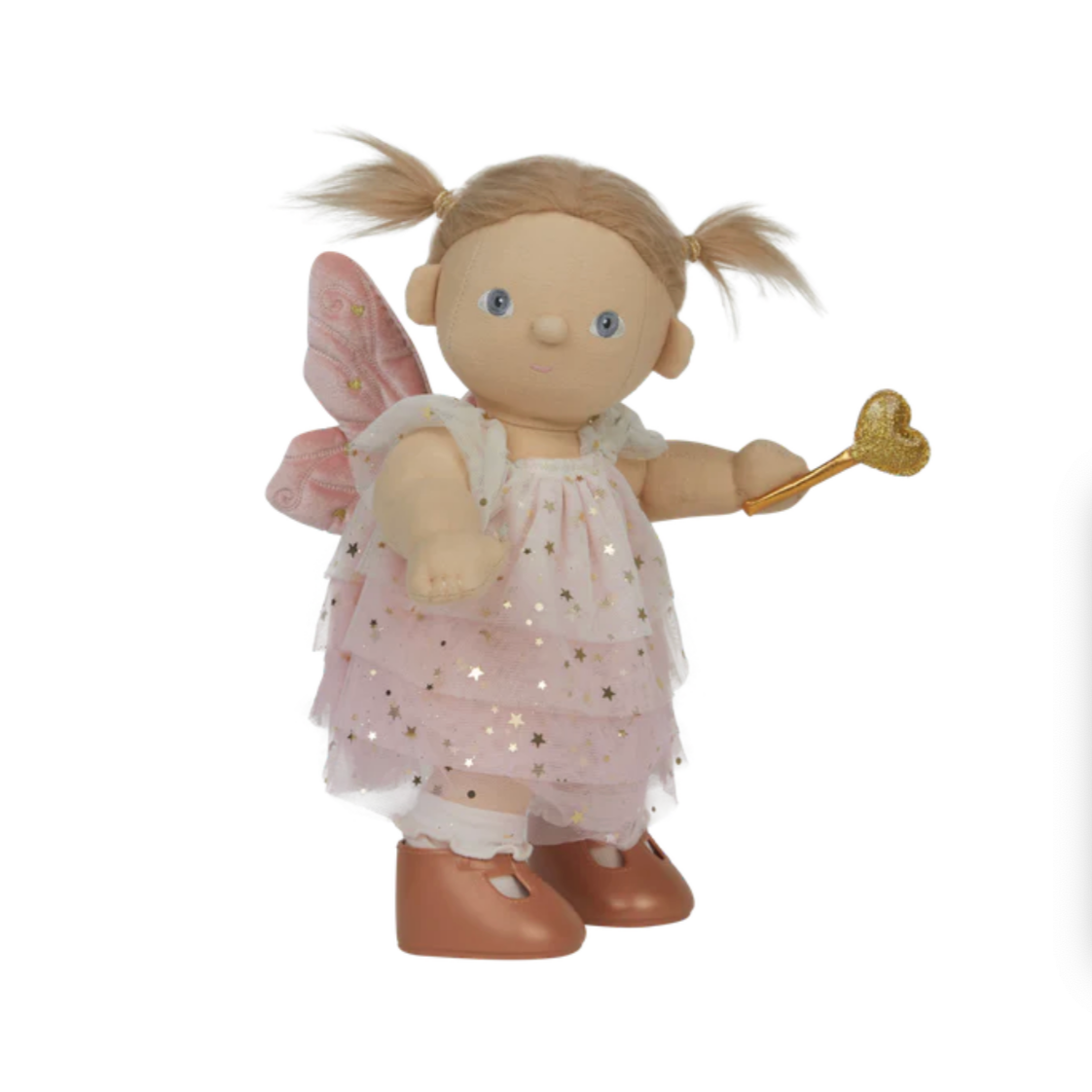 Doll with fairy wings and a wand on a white background