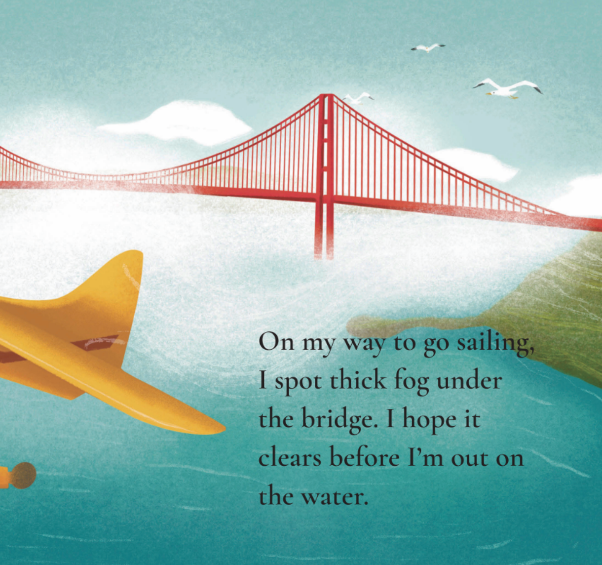 Illustration of a yellow airplane flying over water with a red bridge in the background.