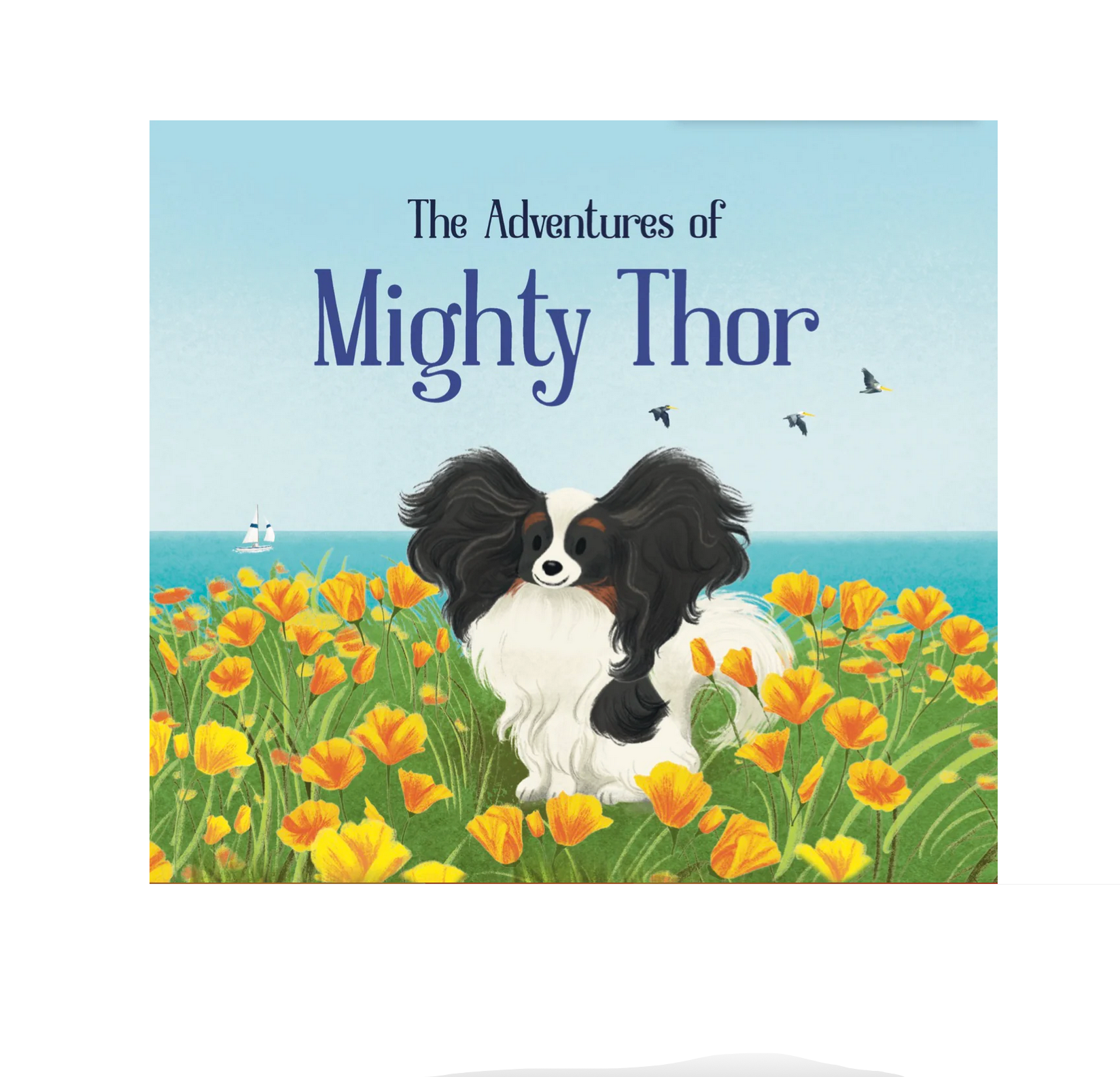 Book cover of 'The Adventures of Mighty Thor' featuring a dog in a field of flowers with a blue sky.