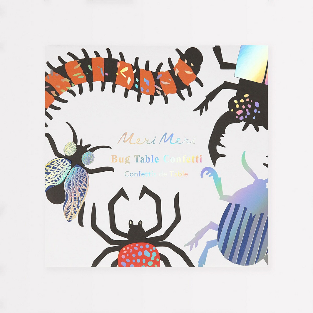 Colorful illustration of various insects on a white background with 'Meri Meri' branding.