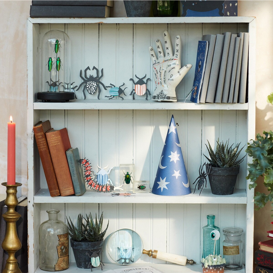 White wooden shelf with decorative items including books, plants, and a blue starry cone.