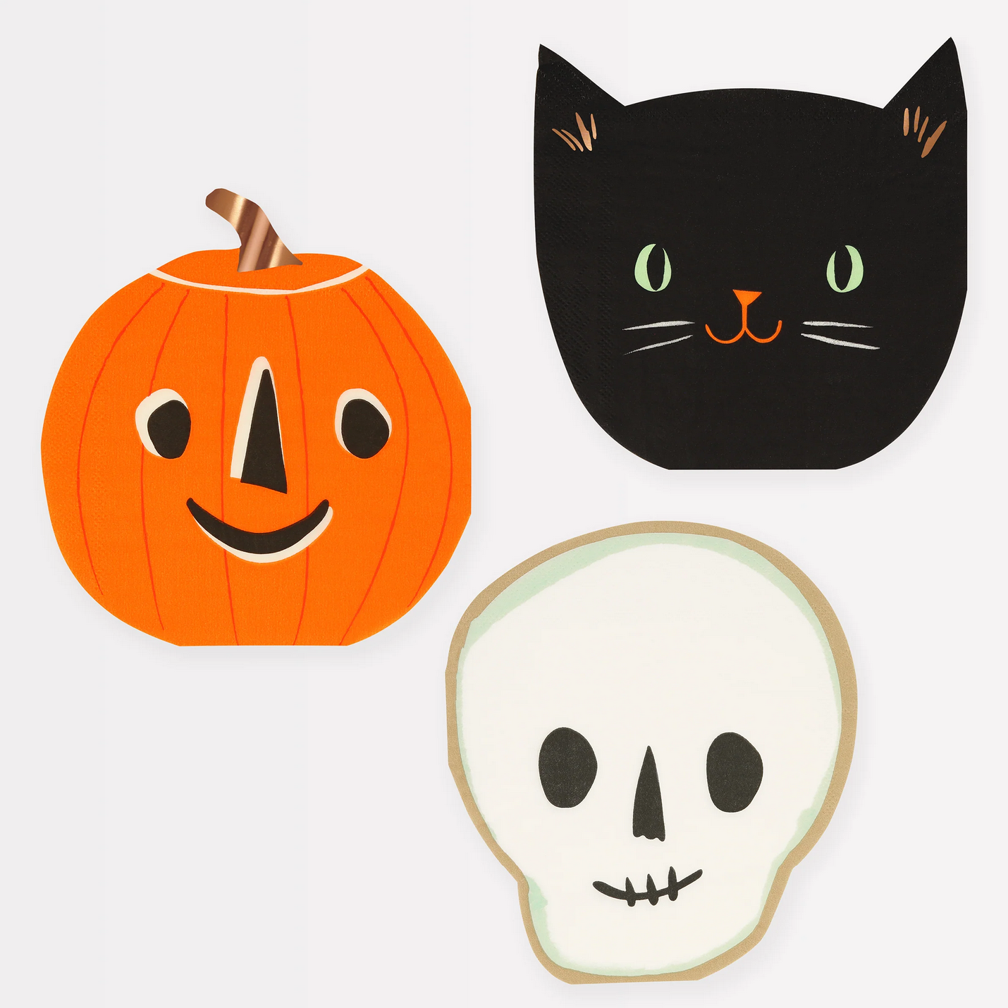 Halloween-themed cookies including a pumpkin, black cat, and skull on a white background