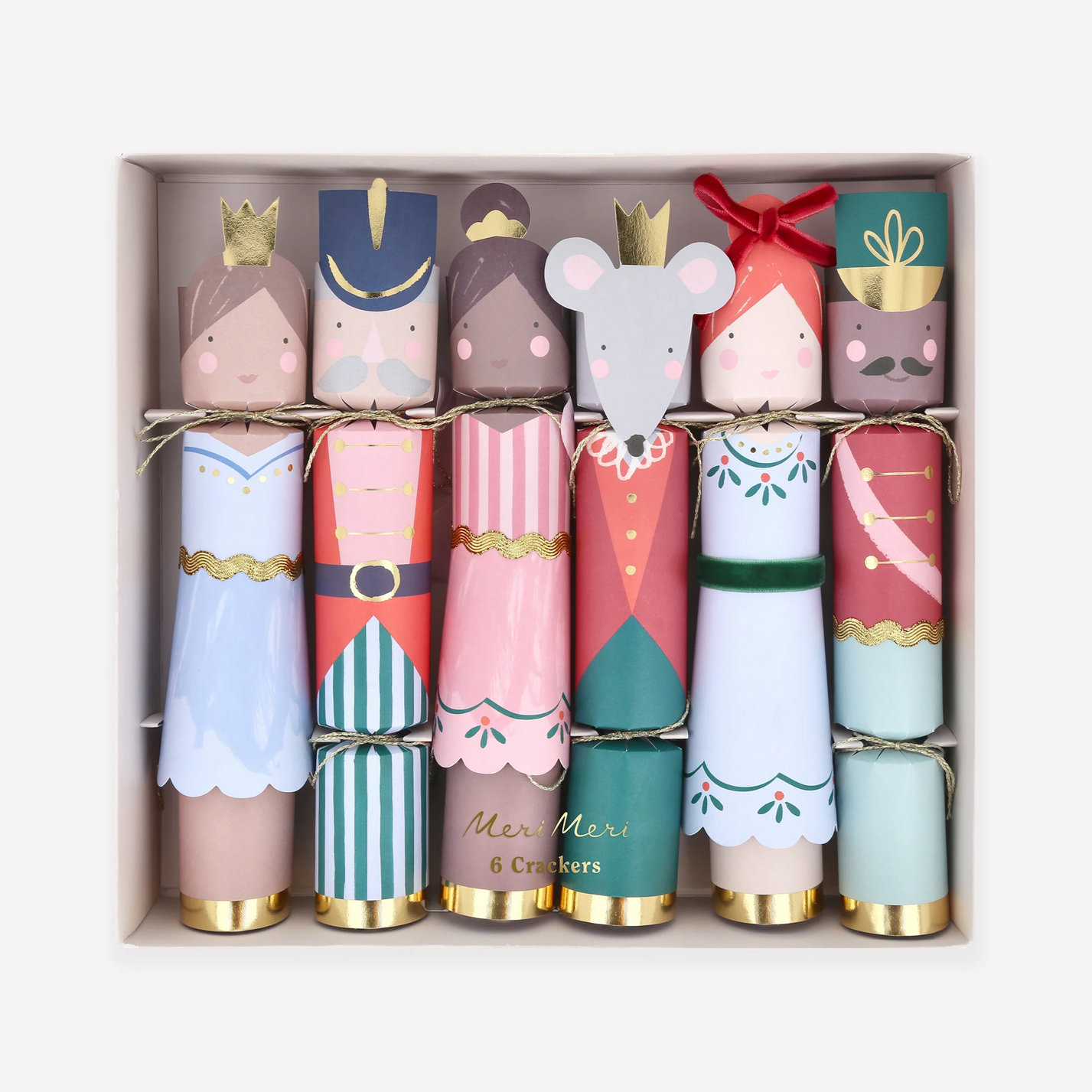 Set of colorful Christmas crackers with cartoon character designs in a box.