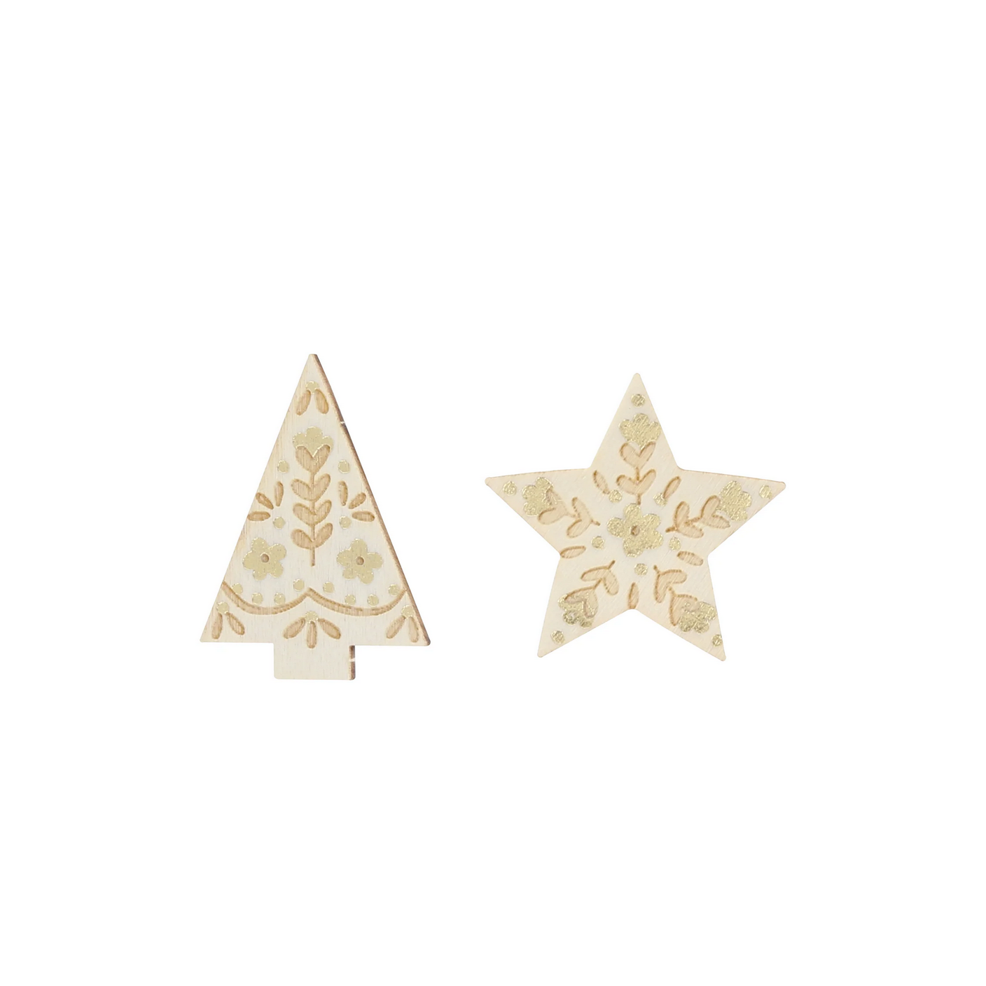 Decorative wooden tree and star with floral patterns on a white background