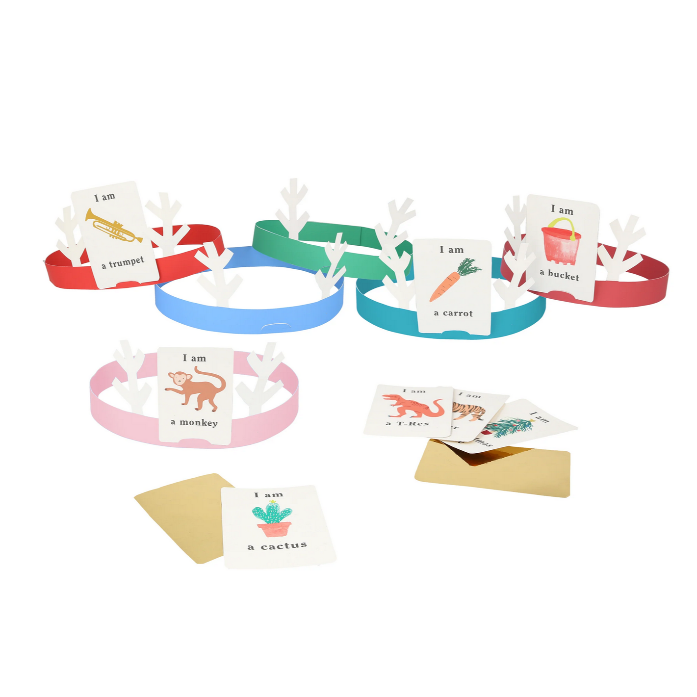 Colorful paper animal masks with attached cards on a white background