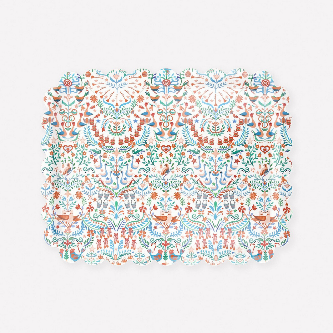 Patterned design with birds and flowers on a white background