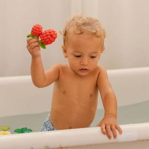 Child playing with toys in a bathtub