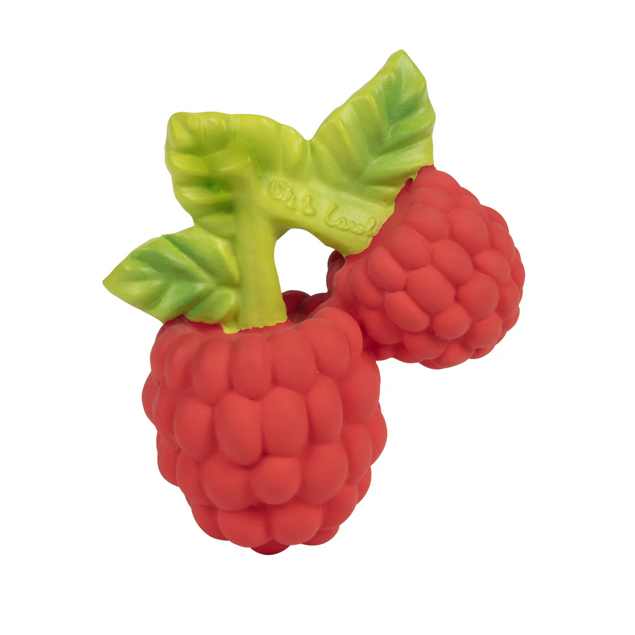 Rubber toy shaped like raspberries with green leaves on a white background