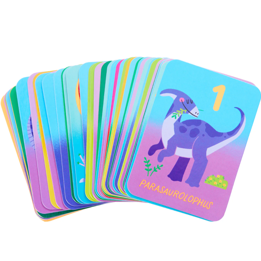 Set of colorful dinosaur cards with illustrations on a white background