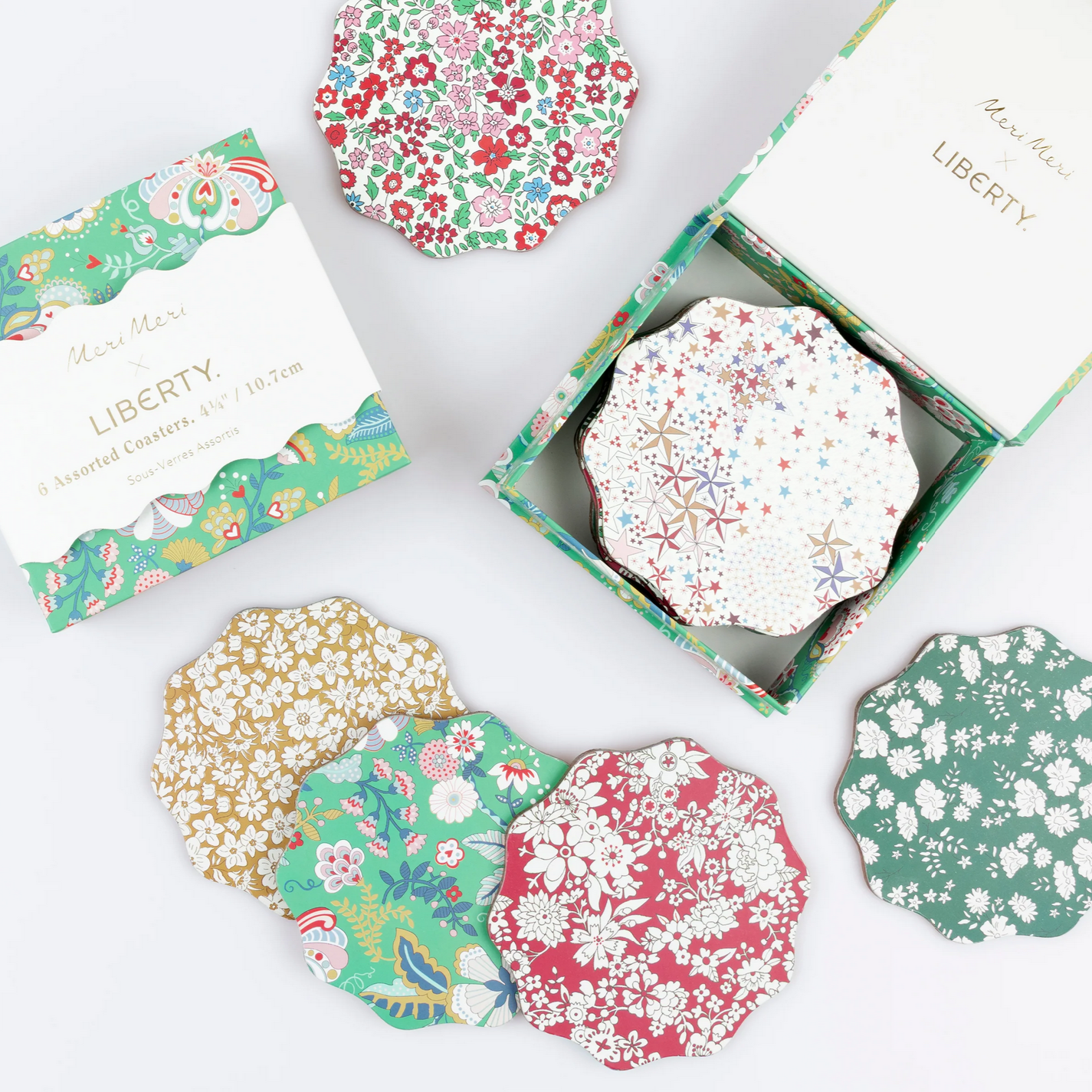 Hexagonal floral coasters with Liberty branding on a white background