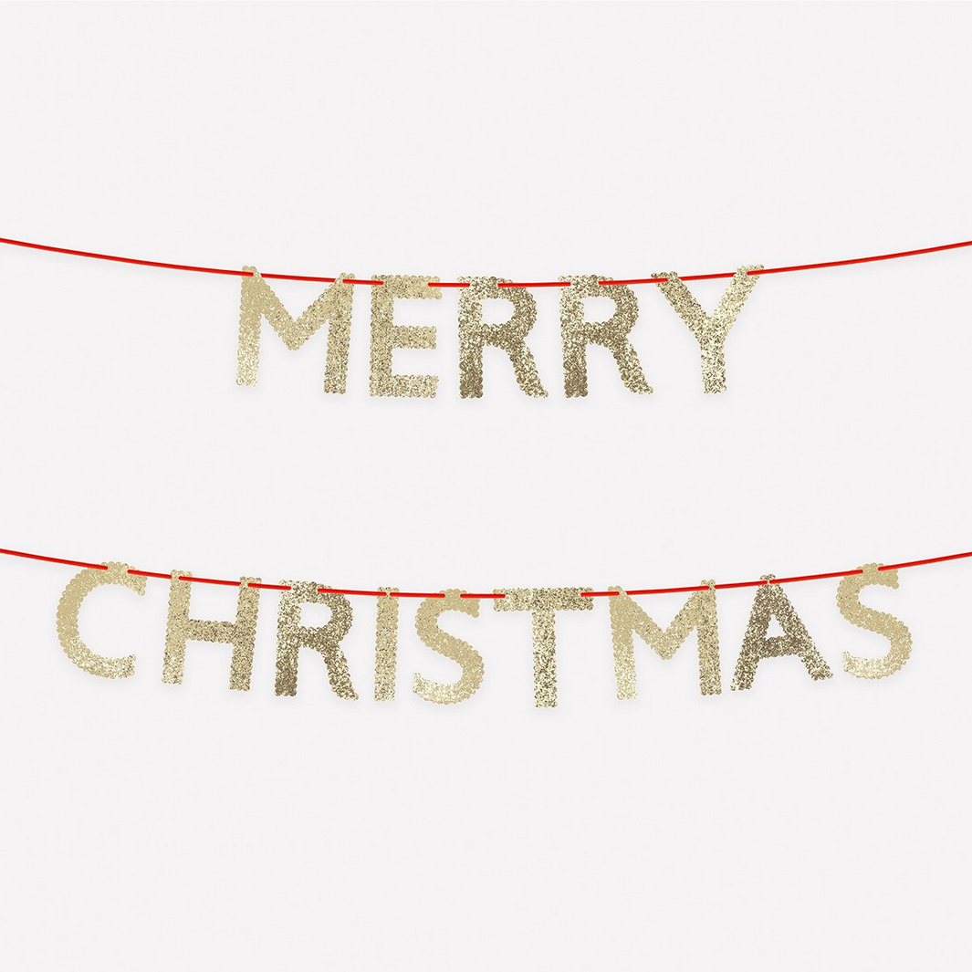 Gold glitter 'Merry Christmas' banner on a white background