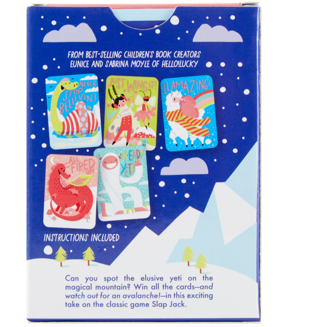 Children's card game packaging with illustrations of cards and text on a blue background
