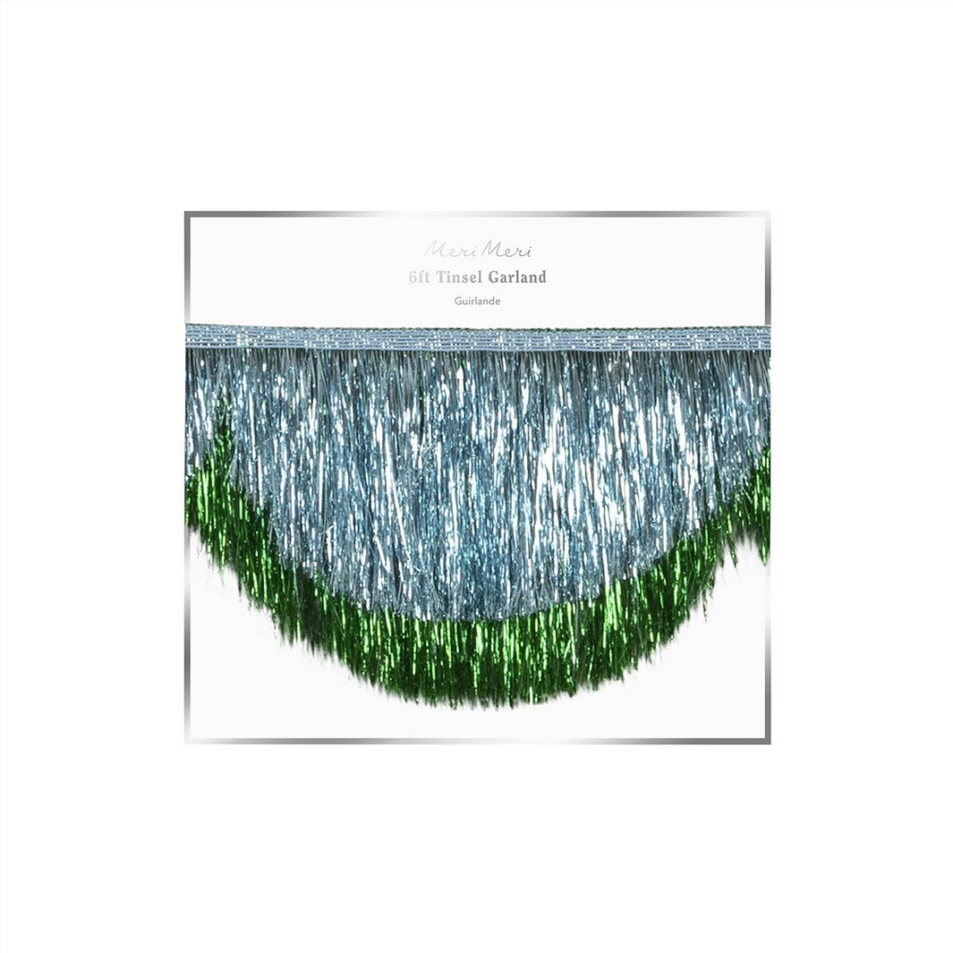 Green and silver tinsel garland on a white background with 'Pure Merri' branding.