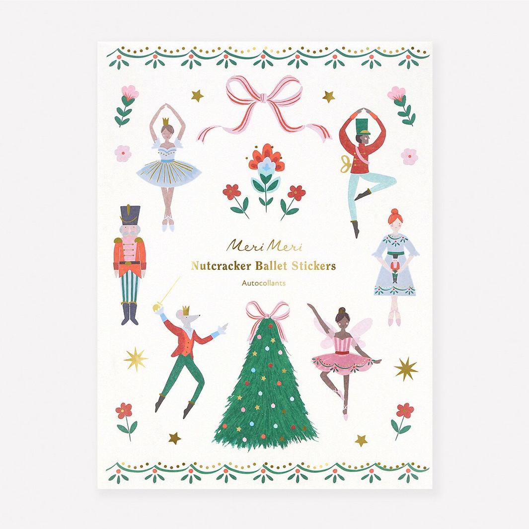 Packaging of Nutcracker Ballet stickers with illustrations of dancers and a tree on a white background.