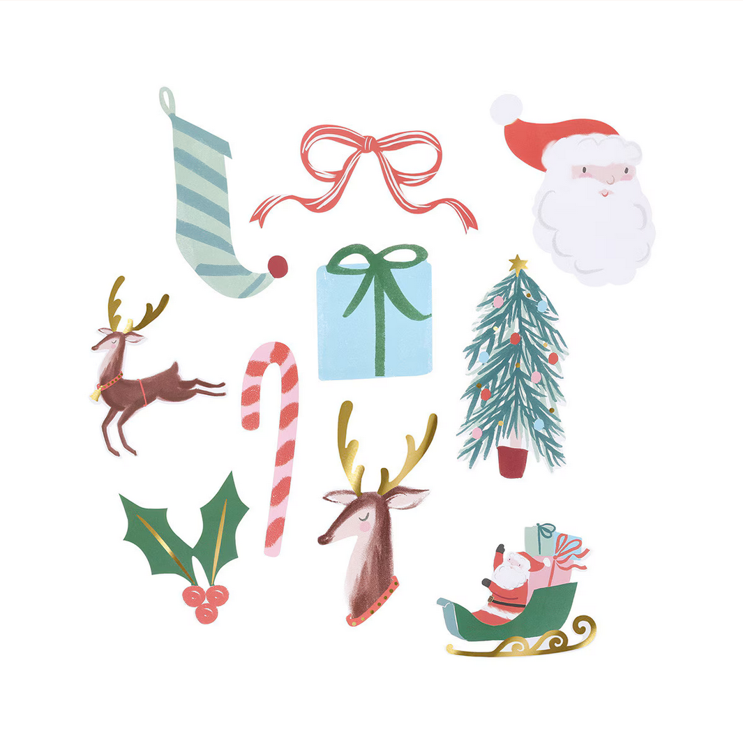 Collection of Christmas-themed illustrations including a stocking, bow, reindeer, candy cane, gift box, tree, and Santa Claus on a white background.