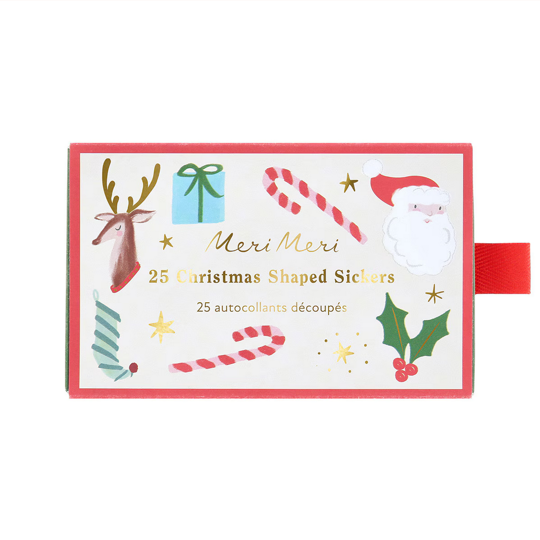 Pack of Christmas-shaped stickers with Meri Meri branding on a white background