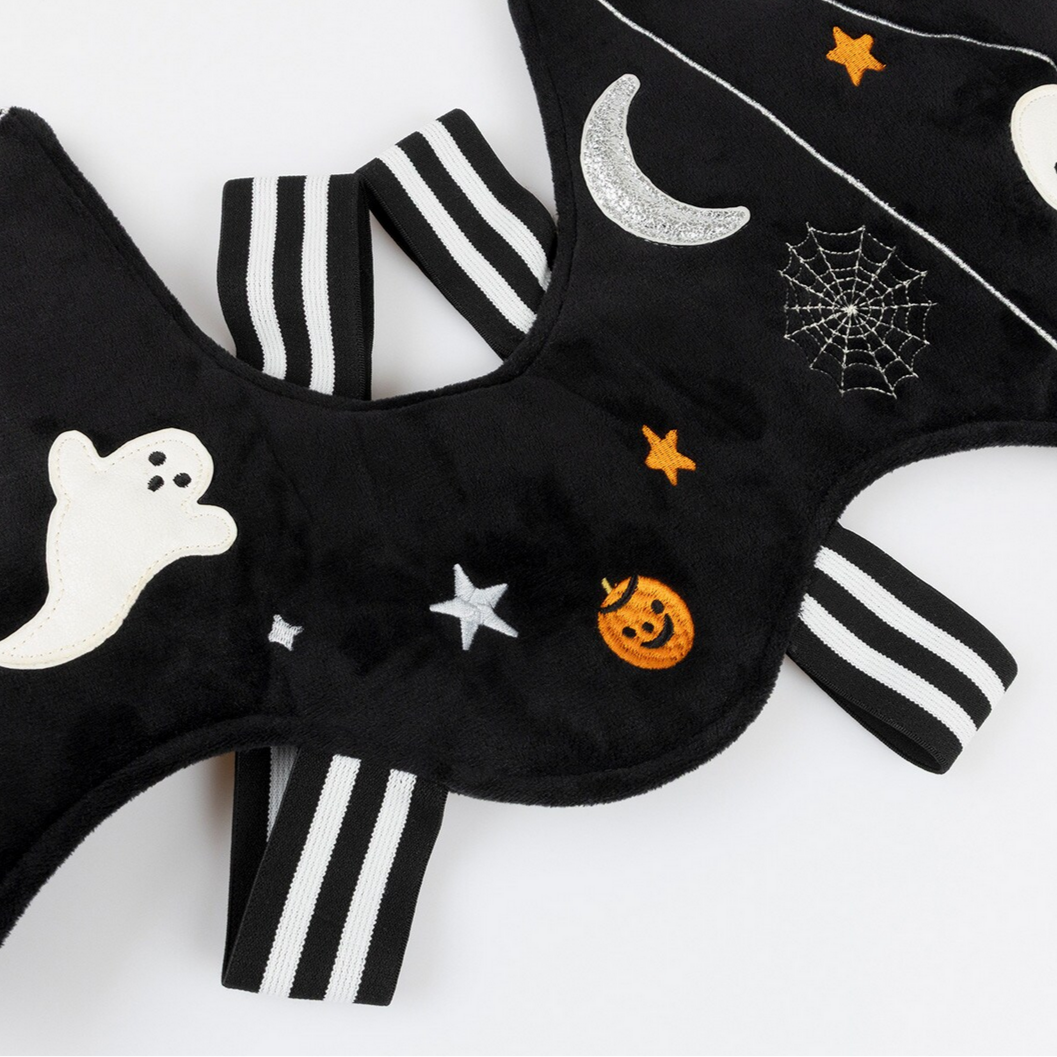 Black baby romper with Halloween-themed decorations on a white background
