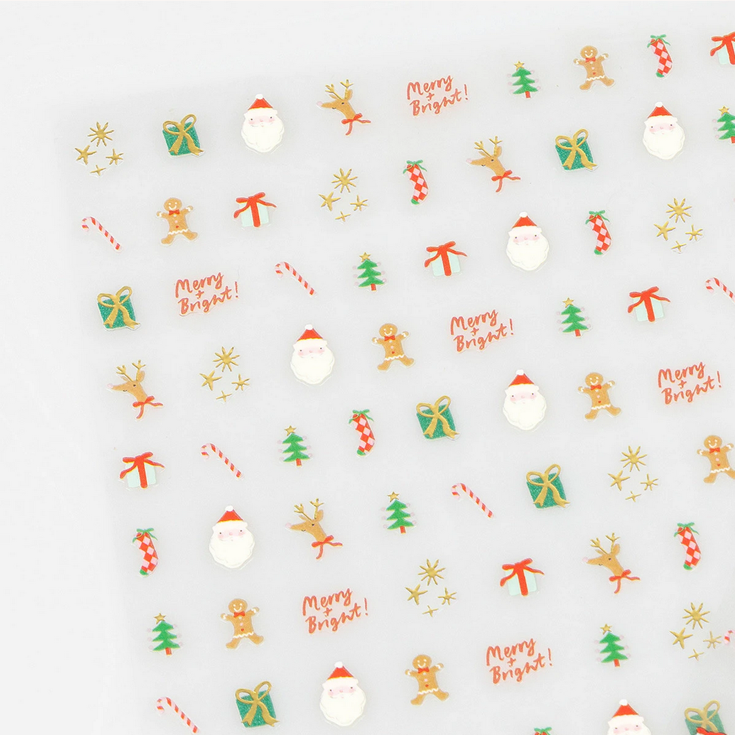 Christmas-themed stickers with Santa Claus, presents, and 'Merry Bright!' text on a white background.