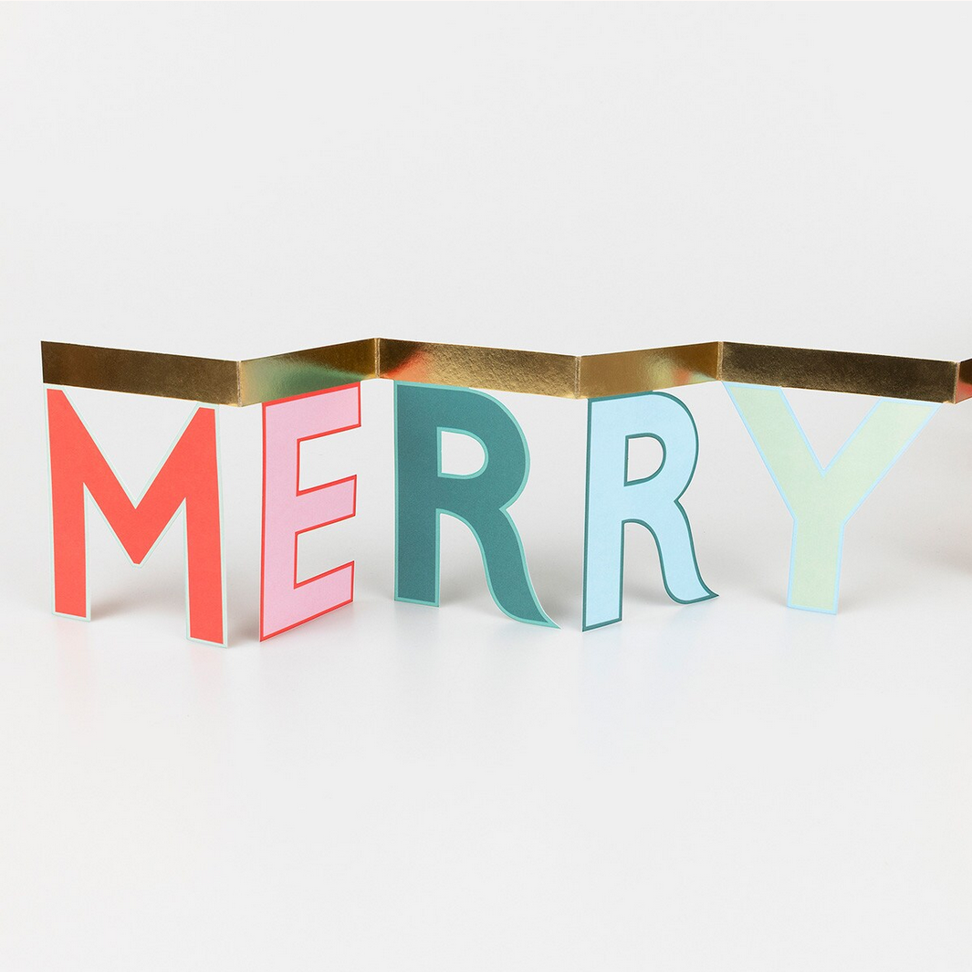 Colorful 'MERRY' letters with a gold border on a white background