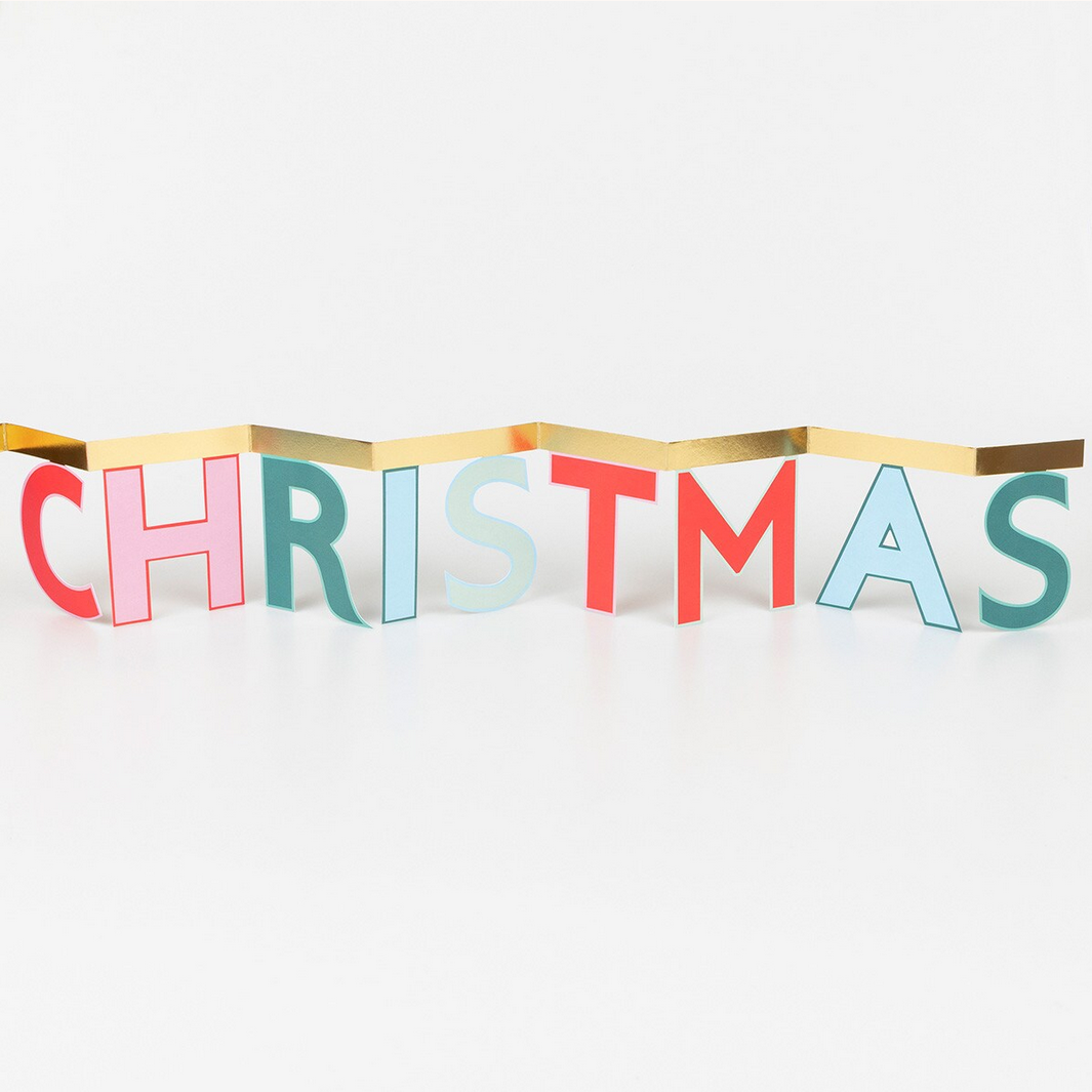 Colorful 'CHRISTMAS' banner on a white background