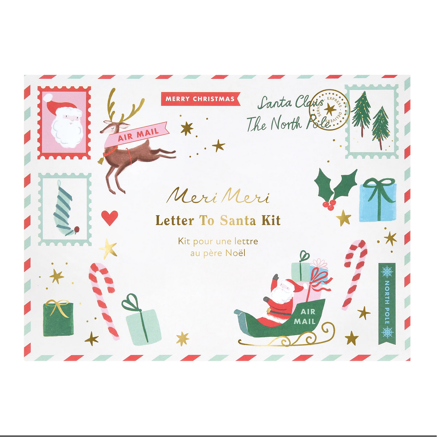 Meri Meri Letter To Santa Kit packaging with festive illustrations on a white background